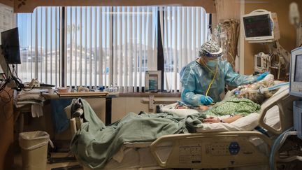 Une infirmière au chevet d'une patiente hospitalisée après une contamination au Covid-19, lundi 11 janvier 2021 à Apple Valley, en Californie (Etats-Unis). (ARIANA DREHSLER / AFP)