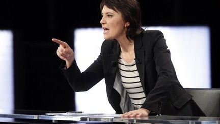 Nathalie Arthaud sur le plateau de DPDA (Thomas Samson / AFP)