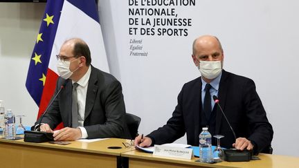 Jean Castex et Jean-Michel Blanquer à Paris le 13 janvier 2021. (THOMAS COEX / POOL / AFP)
