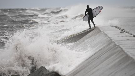 Un surfeur observe les vagues près de Hallviken, en Suède, alors que la région est frappée par la tempête Babet, le 20 octobre 2023. (JOHAN NILSSON/TT / TT NEWS AGENCY / AFP)