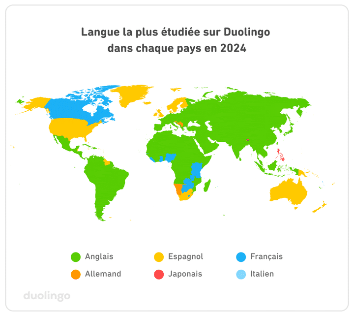 La langue la plus étudiée sur Duolingo dans chaque pays en 2024. (DUOLINGO)