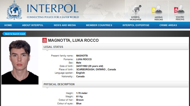 L'avis de recherche &eacute;mis par Interpol sur Luka Rocco Magnotta le 31 mai 2012. (INTERPOL / AFP)