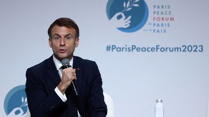 President Emmanuel Macron during the Paris Peace Forum, November 10, 2023. (STEPHANIE LECOCQ / POOL / AFP)