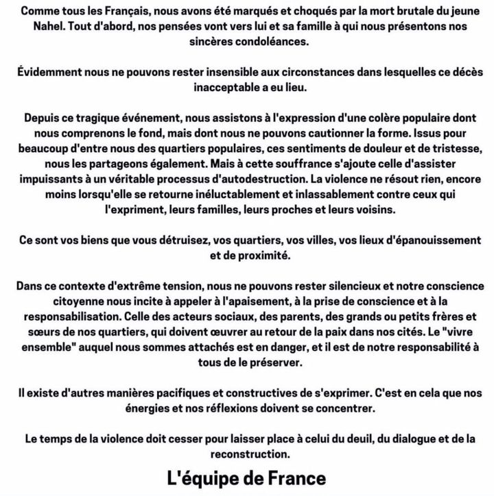 Le message publié par une partie des Bleus, vendredi 30 juin. (Twitter)