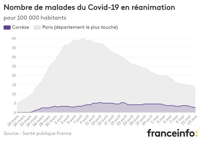 Nombre de malades du Covid-19 en réanimation pour 100 000 habitants. (FRANCEINFO)