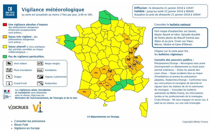 La carte des départements placés en vigilance orange par Météo France, le 21 janvier 2018. (METEO FRANCE)