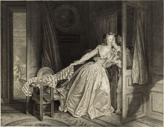 Nicolas-Fran&ccedil;ois Regnault (d&rsquo;apr&egrave;s J.H. Fragonard), Le Baiser &agrave; la d&eacute;rob&eacute;e, s. d., Mani&egrave;re noire, 42,2 &times; 48,5 cm. Mus&eacute;e du Louvre, d&eacute;partement des Arts graphiques, collection Edmond de Rothschild, Paris. (RMN / MUSÉE DU LOUVRE / TONY QUERREC)