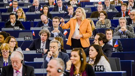  (Marine Le Pen se justifie sur les fraudes au vote dans l'hémicycle du Parlement européen © European Union 2015 - Source : EP.)