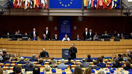 La présidente du Parlement européen Roberta Metsola reçoit le Président de l'Etat d'Israël, Isaac Herzog, le 26 janvier 2023. (JOHN THYS / AFP)