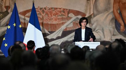 La ministre de la Culture, Rachida Dati, présente ses vœux à la presse au Palais de la Porte-Dorée, dans l'est de Paris, le 29 janvier 2024. (BERTRAND GUAY / AFP)