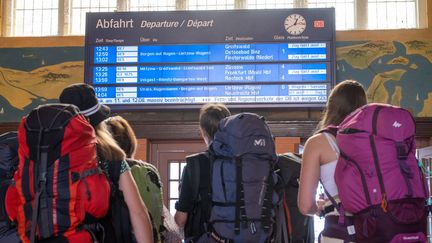 Un panneau d'affichage à&nbsp;Stralsund (Allemagne) lors d'une grève des cheminots le 11 août 2021. (STEFAN SAUER / DPA / AFP)