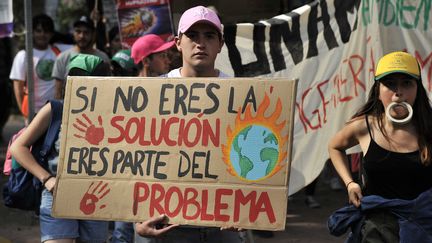 Un manifestant lors d'une marche pour le climat, en novembre 2019 à Mexico, au Mexique. (CLAUDIO CRUZ / AFP)