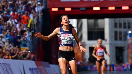 La Française Clémence Calvin aux championnats européens d'athlétisme, à Berlin, le 12 août 2018. (ANDREJ ISAKOVIC / AFP)