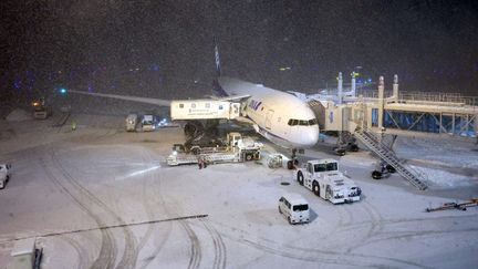 A plane parks under the snow on January 15, 2024, at Shin-Chitose Airport, near Sapporo (Japan).  (YOSUKE HAYASAKA / YOMIURI / AFP)