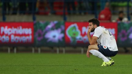 Le défenseur montpelliérain Mathieu Deplagne a perdu une dent lors du match contre l'OM, vendredi 3 novembre,&nbsp;au stade de la Mosson, à Montpellier.&nbsp; (CHARLY TRIBALLEAU / AFP)