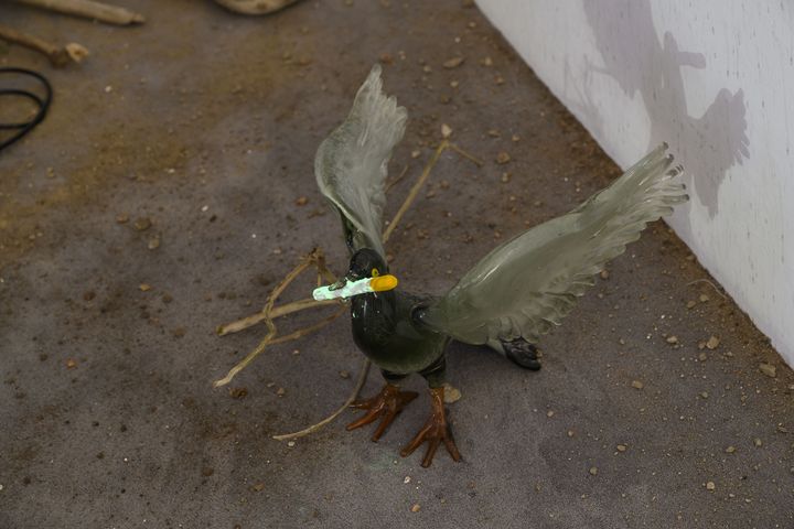 Laure Prouvost, "Deep See Blue Surrounding You / Vois ce bleu profond te fondre", Pavillon français à la 58e Biennale d’art de Venise, 2019. Pigeon en verre de Murano.&nbsp; (Photo : Giacomo Cosua. Courtesy de l’artiste, galerie Nathalie Obadia, carlier|gebauer et Lisson Gallery. © Adagp Paris, 2020)