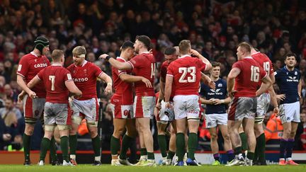 Les Gallois célèbrent leur victoire contre l'Ecosse lors du Tournoi des six nations, le 12 février 2022. (PAUL ELLIS / AFP)