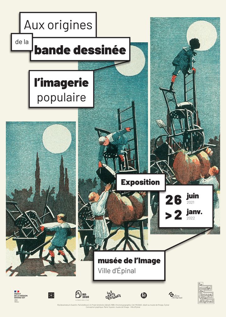 Affiche de l'exposition&nbsp;"Aux origines de la bande dessinée l'imagerie populaire" présentée au musée de l'Image d'Épinal (Vosges) jusqu'au 2 janvier 2022 (Musée de l'Image d'Épinal)