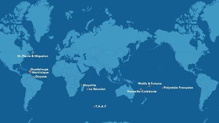 Les outre-mer, qu'on appelait autrefois les Dom-Tom, sont douze&nbsp;territoires répartis dans&nbsp;trois océans (Atlantique, Indien, Pacifique) (LA1ERE)