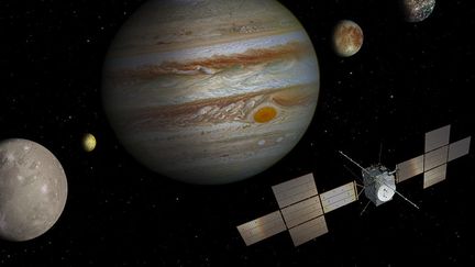 Vue d’artiste de la sonde Juice, qui explorera Jupiter et ses lunes glacées vers juillet 2031. Ganymède, sa cible principale lors de la mission, est la plus grande lune de Jupiter. (NASA / JPL / DLR)