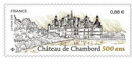 Le timbre édité pour les 500 ans du château de Chambord (Création Stéphane Levallois d'après photo Jean-Michel Turpin. Gravure Line Filhon / La Poste)