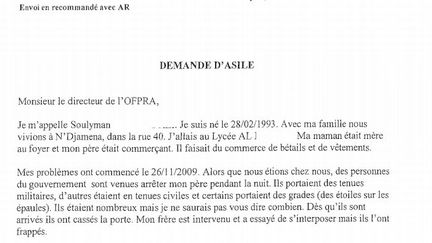 Extrait de la lettre de demande d'asile de Soulyman. (FORUM REFUGIES)