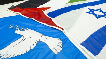 Des drapeaux israéliens, palestiniens et de la paix, produits aux Pays-Bas. (ANJO DE HAAN / ANP MAG)