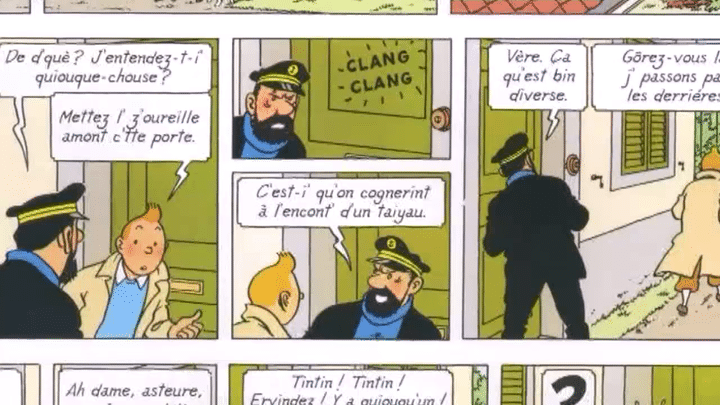 Tintin et le capitaine Haddock s'exprimant en sarthois
 (Casterman)