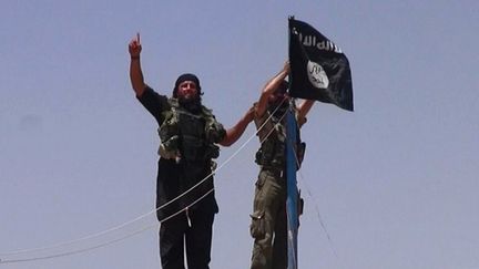 Un jihadiste de l'Etat islamique brandit un drapeau noir &agrave; la fronti&egrave;re entre la Syrie et l'Irak, le 11 juin 2014. (ALBARAKA NEWS / AFP)