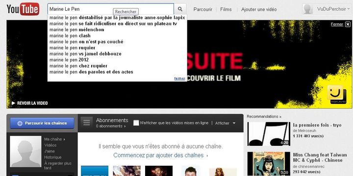 Capture d'écran des suggestions Youtube concernant Marine Le Pen. (DR)