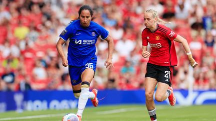 Colombia's Mayra Ramirez (L) during the Women's Super League match between Chelsea and Manchester United at Old Trafford on May 18, 2024. (CONOR MOLLOY / PROSPORTSIMAGES / AFP)