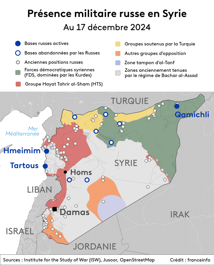 Carte de la présence militaire russe en Syrie au 17 décembre 2024. (BRICE LE BORGNE / HELOISE KROB / FRANCEINFO)