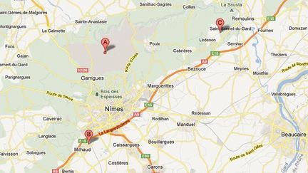 Capture d'&eacute;cran Google Maps montrant le terrain militaire du Camp des Garrigues, au nord de N&icirc;mes (Gard). (FRANCETV INFO)