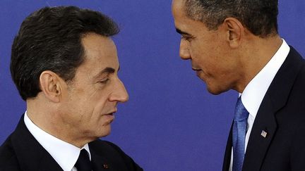 Nicolas Sarkozy et Barack Obama pendant le d&eacute;but du G20 &agrave; Cannes le 3 novembre 2011. (JEWEL SAMAD/AFP)