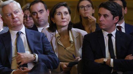 The Prime Minister, Gabriel Attal, with several ministers, notably Bruno Le Maire and Amélie Oudéa-Castera, during Emmanuel Macron's press conference, January 16, 2024, at the Élysée.  (LUDOVIC MARIN / AFP)