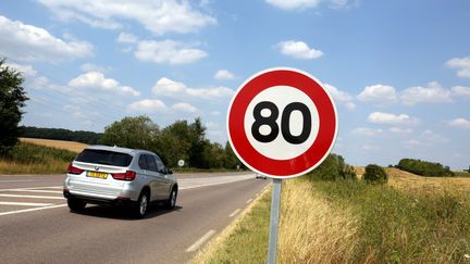 Un panneau 80 km/h sur la D 653, le 22 juillet 2018.&nbsp; (JULIO PELAEZ / MAXPPP)