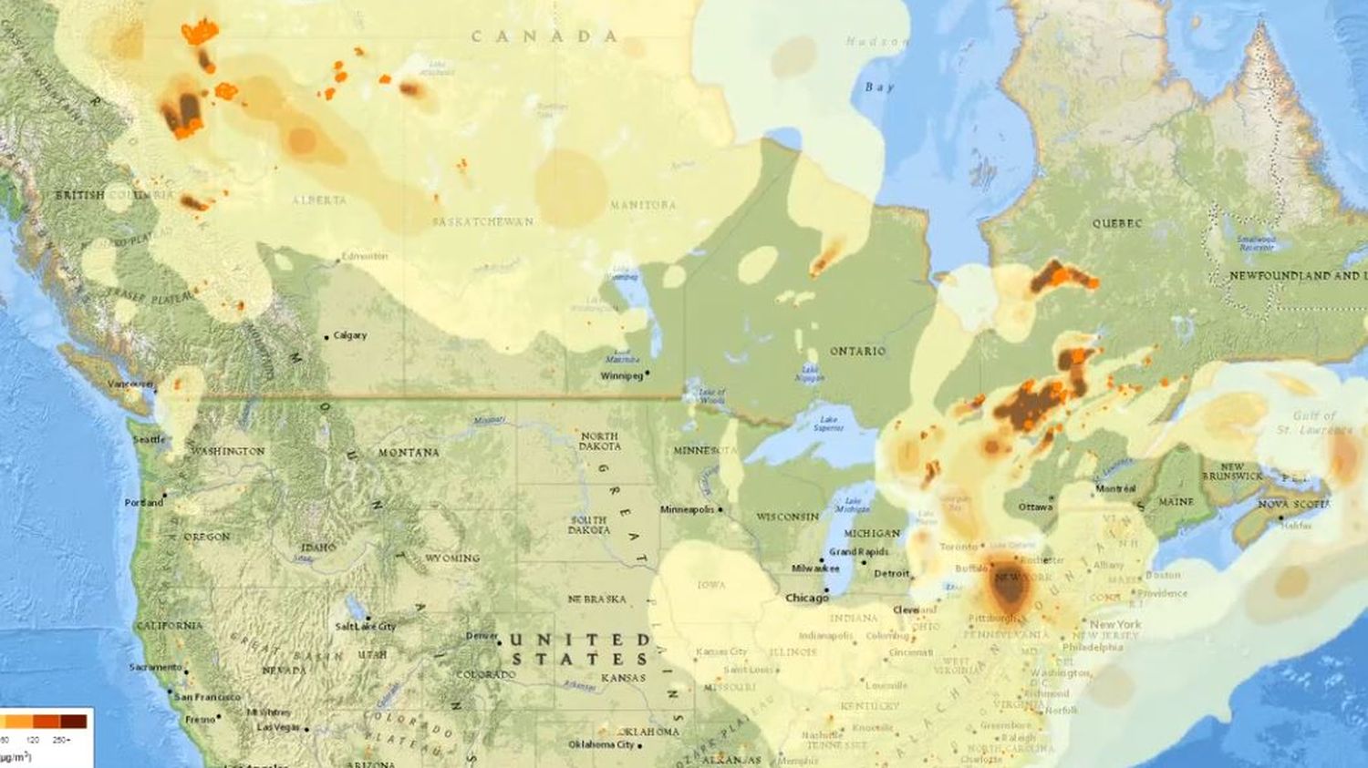 Visualize the extent of the smoke plume over North America