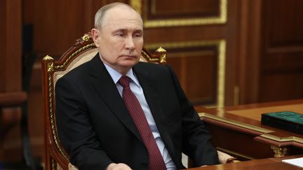 Le président russe, Vladimir Poutine, le 11 mars 2024 à Moscou (Russie). (MIKHAIL METZEL / AFP)