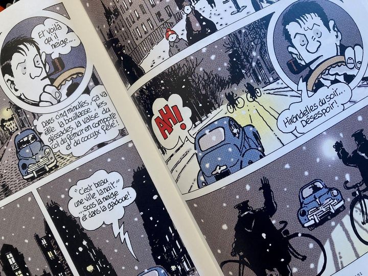 Nestor Burma sous le ciel enneigé de Paname et au volant de sa Peugeot 203. (TARDI / EDITIONS CASTERMAN)