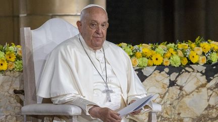 Le pape François lors d'une visite à Bruxelles (Belgique), le 28 septembre 2024. (NICOLAS MAETERLINCK / BELGA MAG / AFP)