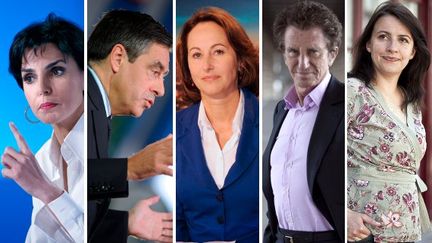 Rachida Dati (UMP), Fran&ccedil;ois Fillon (UMP), S&eacute;gol&egrave;ne Royal (PS), Jack Lang (PS) et C&eacute;cile Duflot (EELV). Cinq personnalit&eacute;s dont les candidatures suscitent quelques grincements dans les circonscriptions concern&eacute;es. (AFP PHOTO / MONTAGE FTVI)