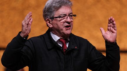 Jean-Luc Mélenchon lors d'un meeting de la Nupes à Montpellier (Hérault), le 16 février 2023. (PASCAL GUYOT / AFP)