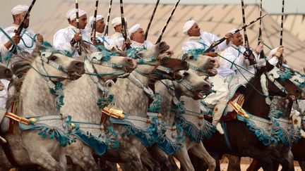 Des cavaliers marocains exécutent la "tbourida", lors de la 9e édition du Salon du cheval dans la ville portuaire d'El Jadida,&nbsp;le 12 octobre 2016. (FADEL SENNA / AFP)