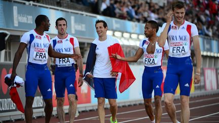 De g. &agrave; dr., Jimmy Vicaut, Pierre-Alexis Pessonneaux,&nbsp;Renaud Lavillenie, Emmanuel Biron&nbsp; et&nbsp;Christophe Lemaitre, le 1er juillet 2012 aux championnats d'Europe d'Helsinki (Finlande). (OLIVIER MORIN / AFP)