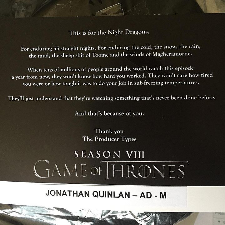 Une capture d'écran d'une note des producteurs de la série Game of Thrones après la fin du tournage de la saison 8 en 2018.&nbsp; (Jonathan Quinlan / Instagram)