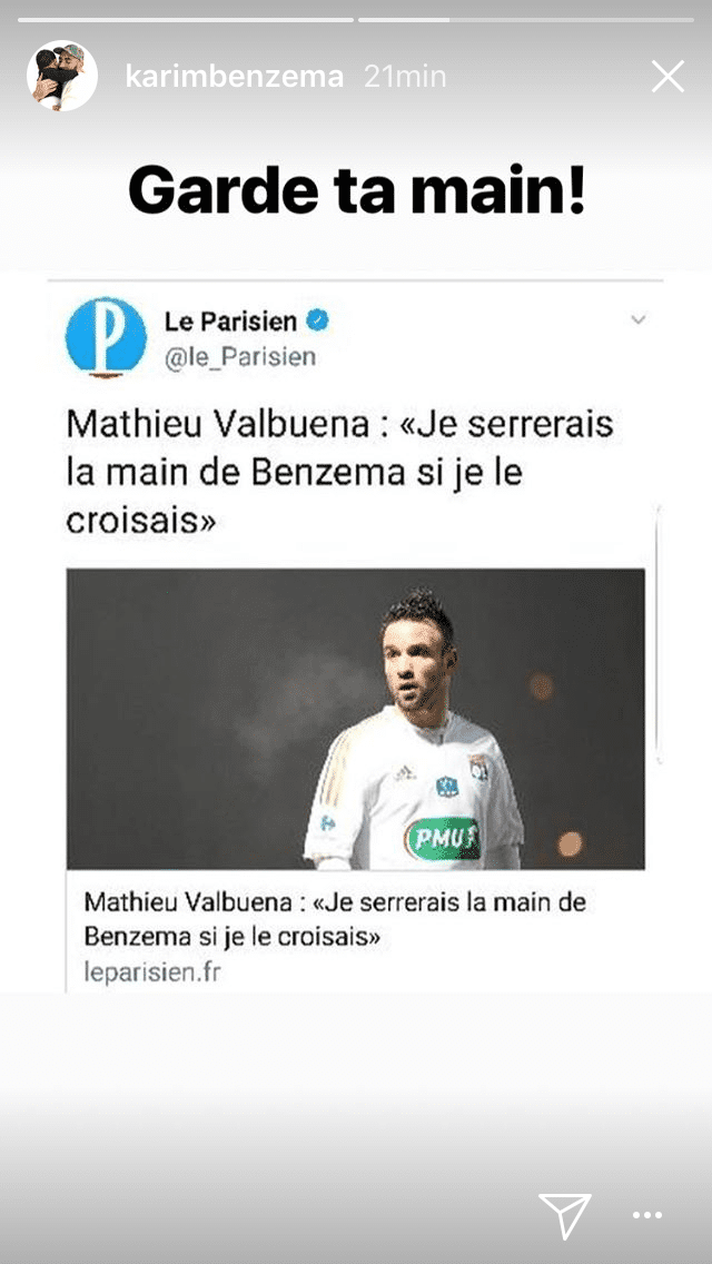 La réponse de Karim Benzema à Mathieu Valbuena. (INSTAGRAM)