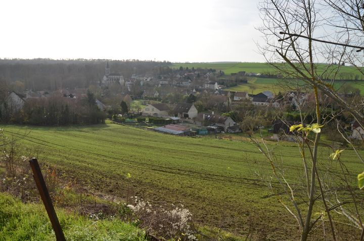 La partie basse du village, Thiverval, avec son église classée aux Monuments historiques, adossée au parc du château de Grignon. (YANN THOMPSON / FRANCETV INFO)