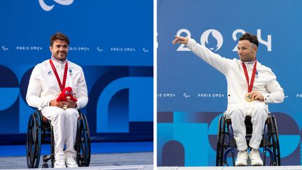 Mathieu Bosredon (gauche) et Florian Jouanny (droite) reçoivent leurs médailles d'or après leurs sacres sur route en cyclisme aux Jeux paralympiques de Paris, le 5 septembre 2024 à Clichy-sous-Bois (Seine-Saint-Denis). (AFP)