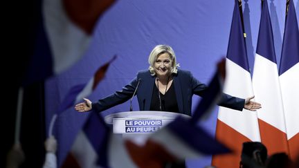 Marine Le Pen lors de son meeting à Caudry dans le Nord, le 24 février.&nbsp; (BELLOUMI / MAXPPP)