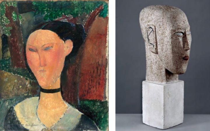 Amedeo Modigliani (1884-1920), "Femme au ruban de velours", vers 1915, et Ossip Zadkine (1888-1967), "Tête de femme", 1924. (ERIC EMO / MUSEE ZADKINE)